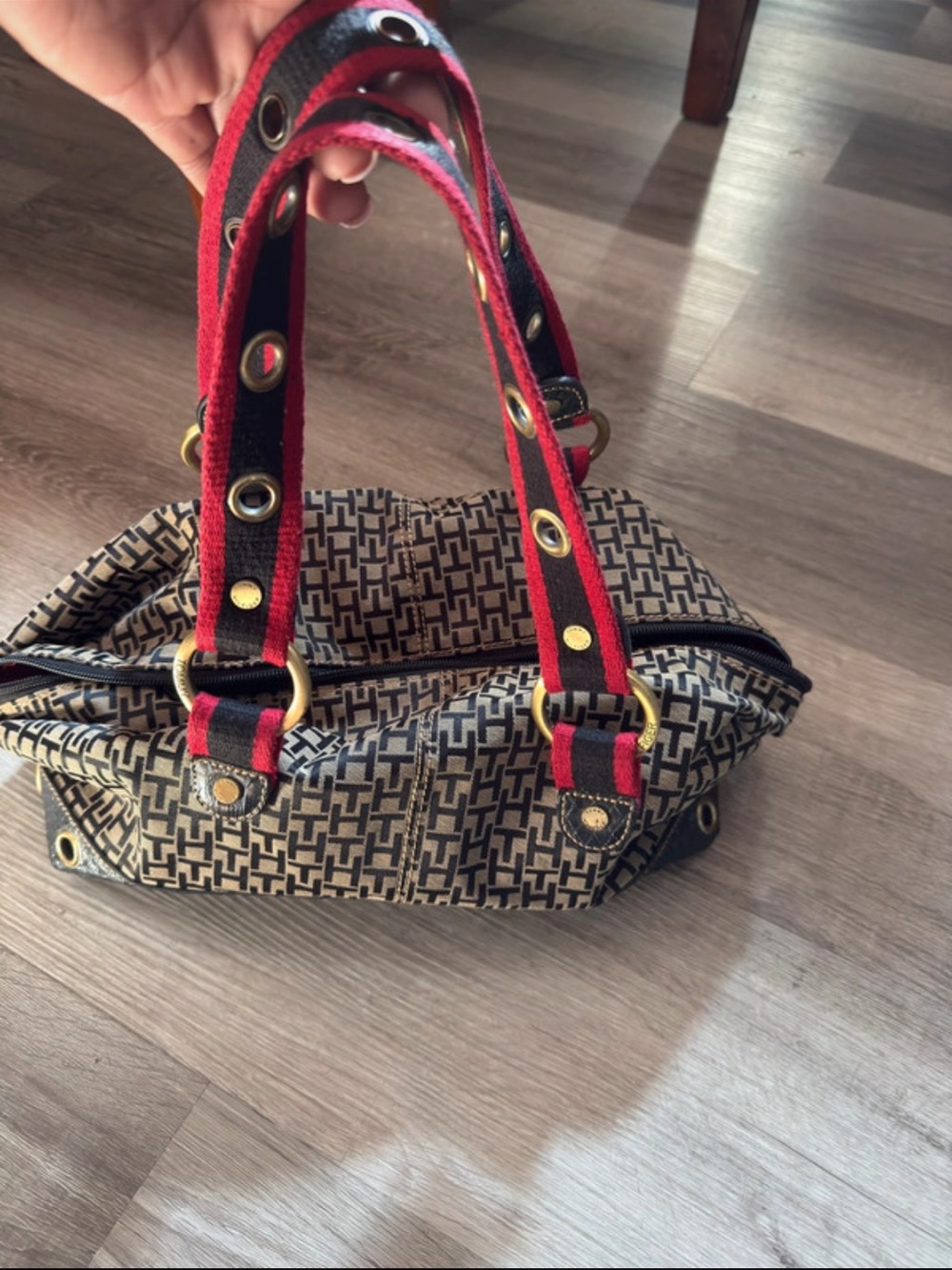 Structured Canvas Tote Bag with Red and Black Webbed Straps